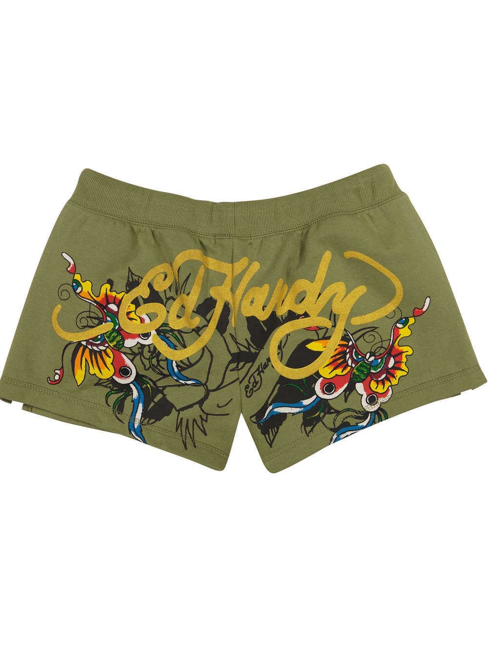 ✨ Ed Hardy Y2K Low Rise Micro Fleece Shorts Butterfly Tattoo Olive Grunge 2000s